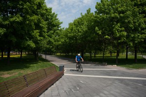 На фото велосипедист в местном парке 