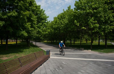 На фото велосипедист в местном парке