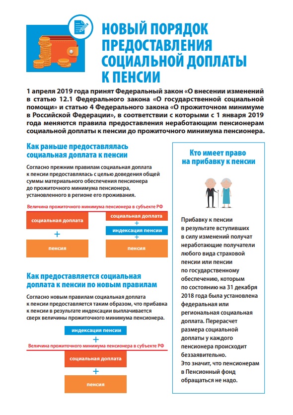 В связи с многочисленными обращениями граждан на горячую линию с вопросом о социальной доплате к пенсии, Главное Управление ПФР № 8 по г. Москве и Московской области разъясняет, что Федеральный закон от 1 апреля 2019 г. № 49-ФЗ «О внесении изменений в статью 12.1 Федерального закона «О государственной социальной помощи» и статью 4 Федерального закона «О прожиточном минимуме в Российской Федерации» принят в целях реализации послания Президента Российской Федерации В.В. Путина к Федеральному Собранию Российской Федерации от 20 февраля 2019 года. Этим законом устанавливается новый механизм исчисления размера социальной доплаты к пенсии. Сначала определяется размер социальной доплаты к пенсии, исходя из размеров пенсии и ежемесячной денежной выплаты (ЕДВ) без учета индексации пенсий и ЕДВ, а затем установленный размер социальной доплаты к пенсии суммируется с пенсией и ЕДВ с учетом индексации текущего года. Таким образом, суммы индексаций текущего года будут выплачиваться сверх установленной в субъекте Российской Федерации величины прожиточного минимума пенсионера (ПМП). Причитающиеся неработающим пенсионерам суммы выплат подлежат перерасчету с 1 января 2019 года и будут выплачены в мае текущего года.